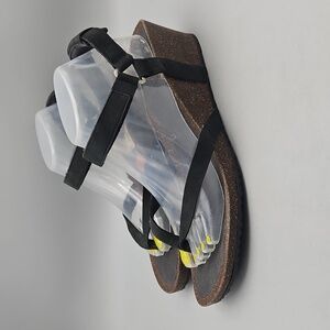 Teva Sandals Womens 11 M Strappy Black Leather Slip On Open Toe Wedge